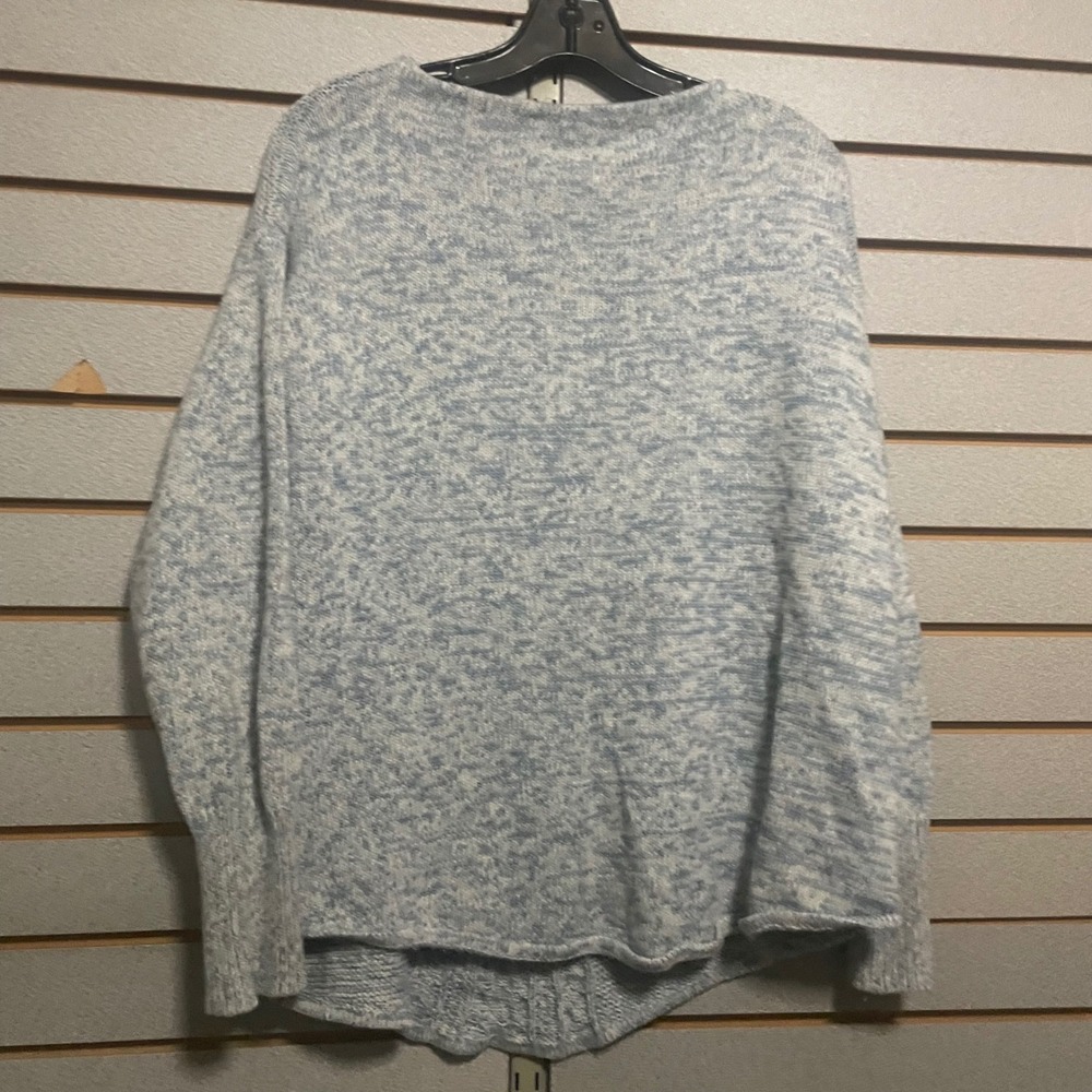 Chaps Womens Blue White Marled Cable Knit Back Crew Neck Sweater Large L - Picture 5 of 6